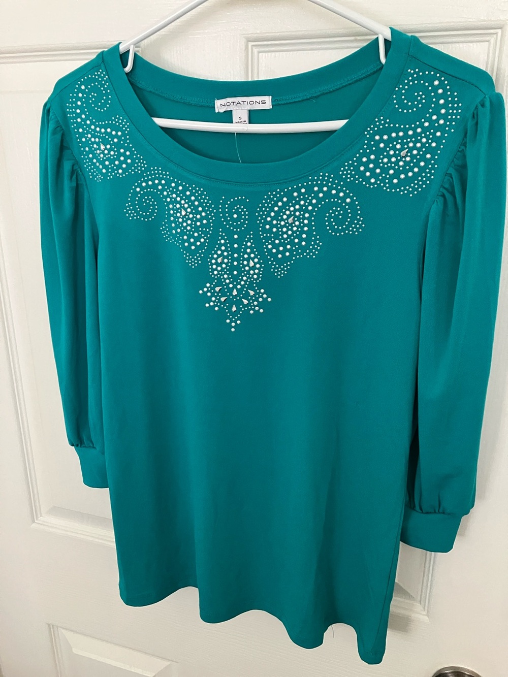 Notations Teal Long-Sleeve Scoop Neck Top with Rhinestone Accents